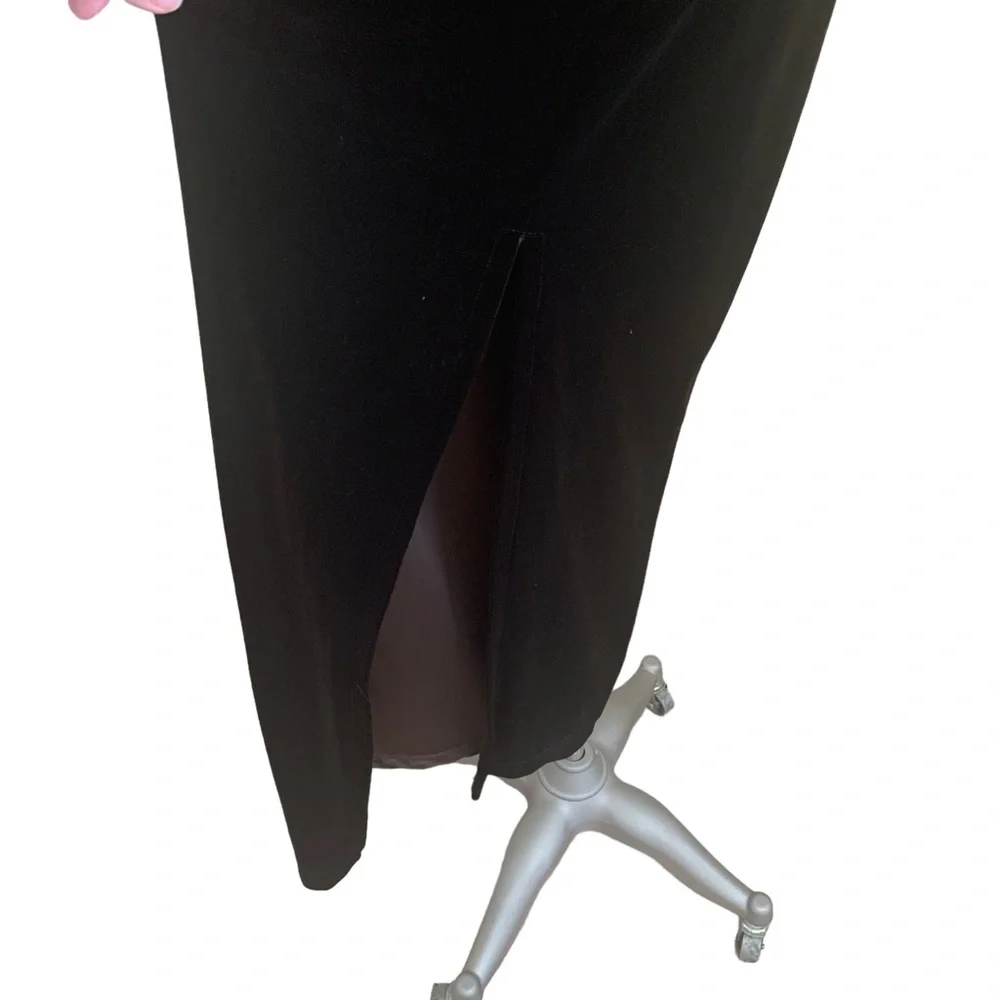 Vintage 90s Chocolate Brown Stretch Velvet Faux Fur Collar Maxi Dress Small - Picture 11 of 12